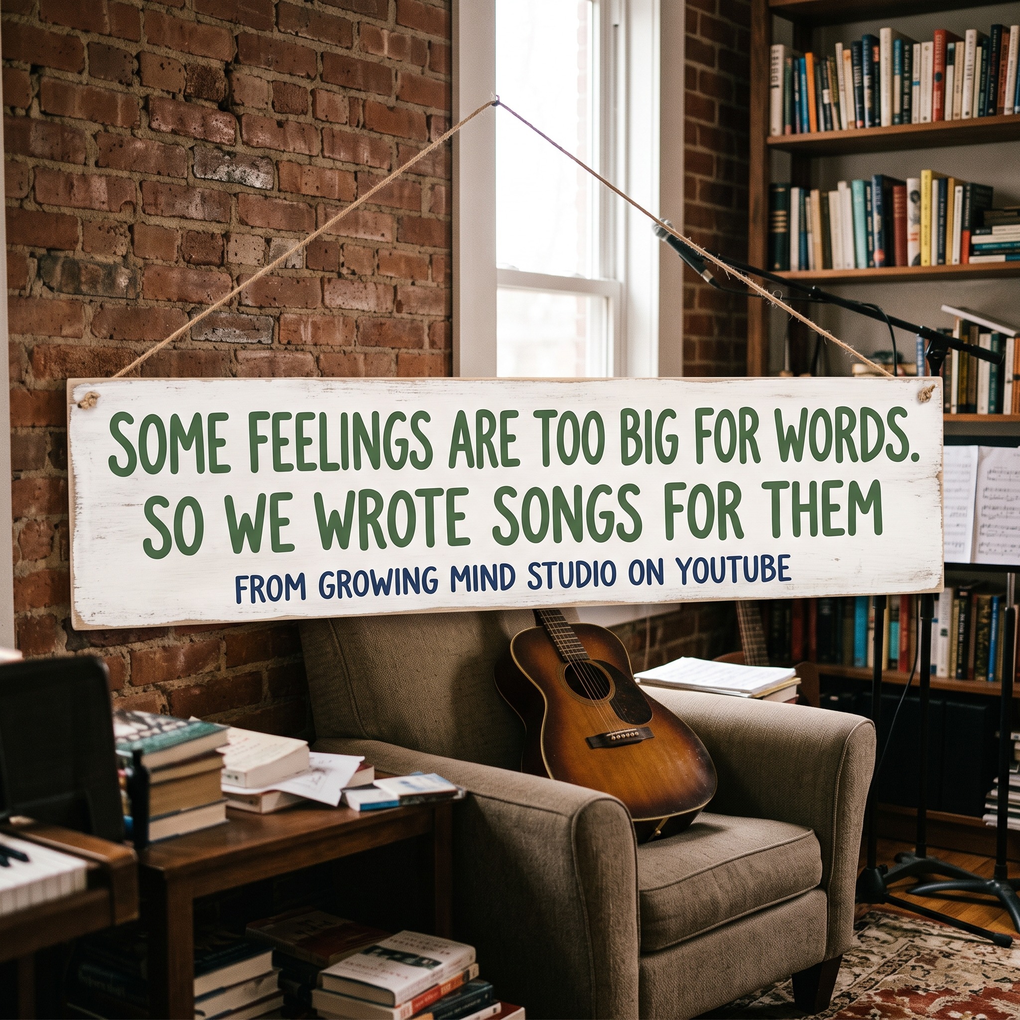 Guitar resting on a beige armchair in a brick-walled room beside a bookshelf, with a white sign showing green text: 'Some feelings are too big for words.'